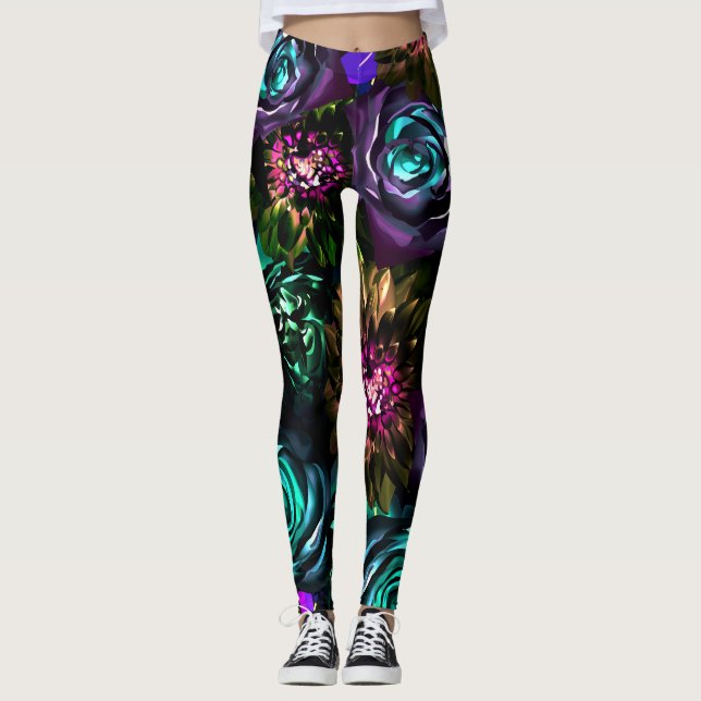 Dark Wonderland Bold Glamour Floral Flowers Leggings (Front)