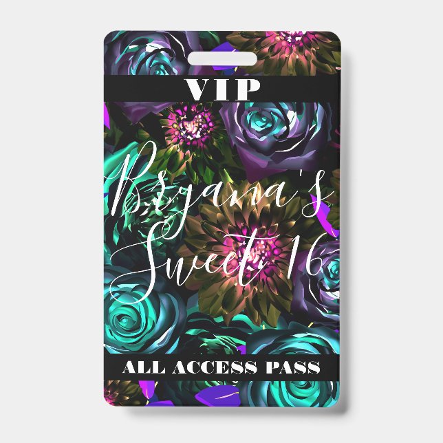 Dark Wonderland Bold Glamour Floral Sweet 16 VIP  ID Badge (Front)