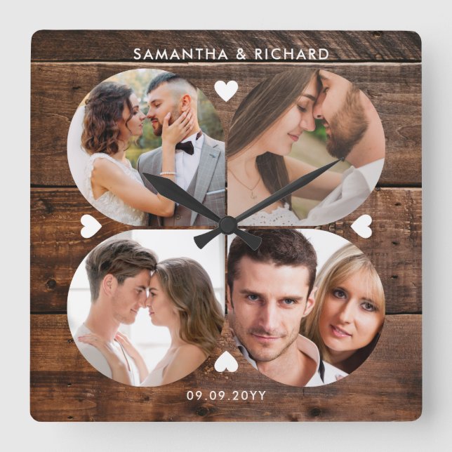  Dark Wood 4 Photo Collage Wedding Anniversary Square Wall Clock (Front)