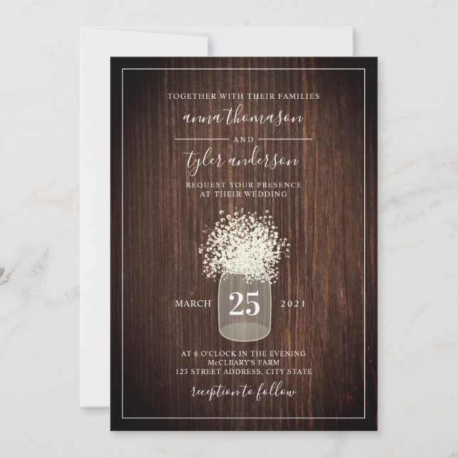 Dark Wood & Baby's Breath Mason Jar Wedding Invitation (Front)