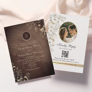 Dark Wood Monogram Photo QR Wedding Invitation