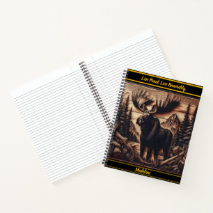 Dark wood moose relief art with nature notebook