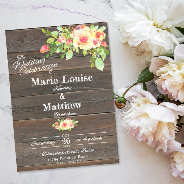 Dark Wood Rustic Flower Wedding Invitation (Creator Uploaded)