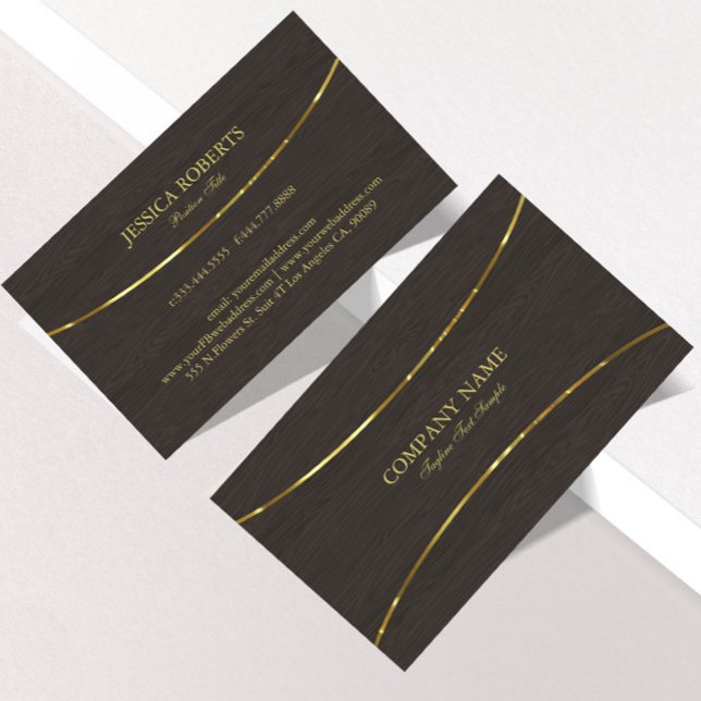 Dark Wood Texture Gold Stripe Accents Business Card (Creator Uploaded)