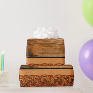Dark Wood Tooled Leather Western Natural Style Wrapping Paper