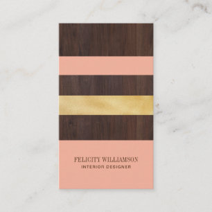 Dark Woodgrain, Gold & Coral Stripe Modern Retro Business Card