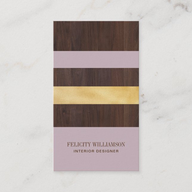 Dark Woodgrain, Gold & Lilac Stripe Modern Retro Business Card (Front)