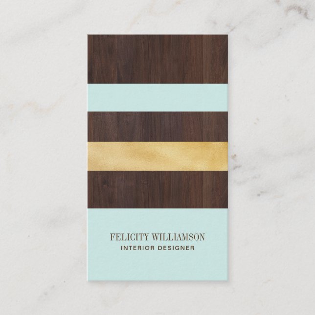 Dark Woodgrain, Gold & Teal Stripe Modern Retro Business Card (Front)