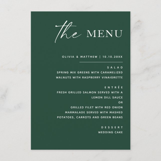 Dark Woodland Green Wedding | Modern Script Forest Menu (Front)