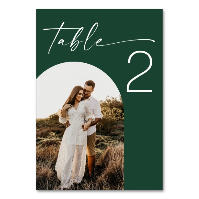 Dark Woodland Green Wedding | Modern Script Photo Table Number (Front)