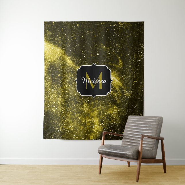 Dark yellow black abstract galaxy Monogram Ping Po Tapestry (In Situ)