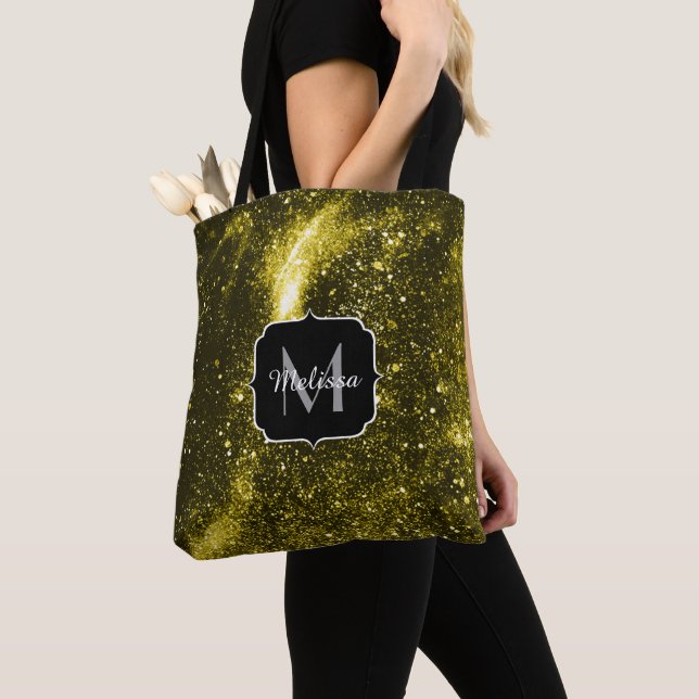 Dark yellow black abstract galaxy Monogram Tote Bag (Close Up)
