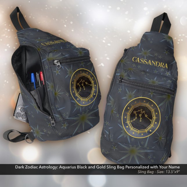 Dark Zodiac Astrology: Aquarius Black Gold Name Sling Bag (Dark Zodiac Astrology: Aquarius Black and Gold Sling Bag -  Personalized with Your Name.)