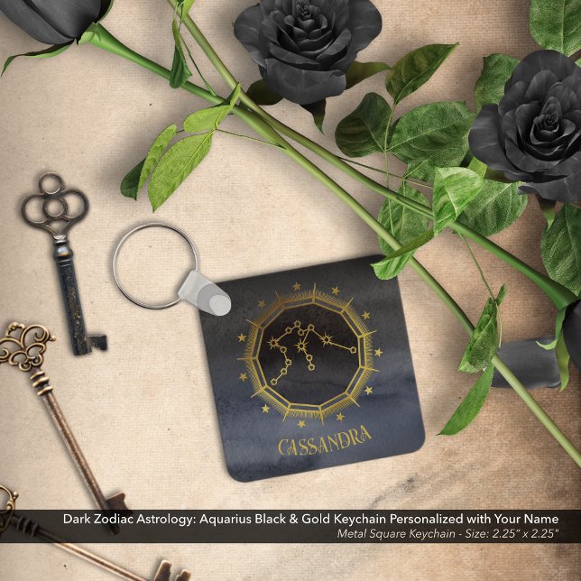 Dark Zodiac Astrology: Aquarius Black Silver Name Key Ring (Dark Zodiac Astrology: Aquarius Black & Gold Keychain Personalized with Your Name)