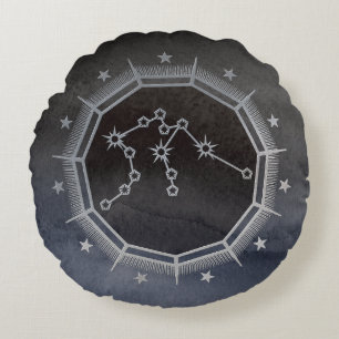 Dark Zodiac Astrology: Aquarius Black & Silver Round Cushion