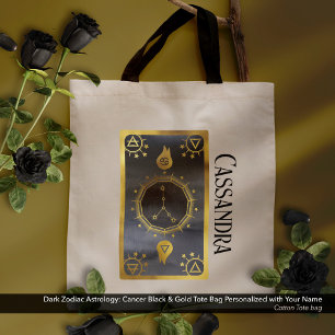 Dark Zodiac Astrology: Cancer Black Gold Name Tote Bag