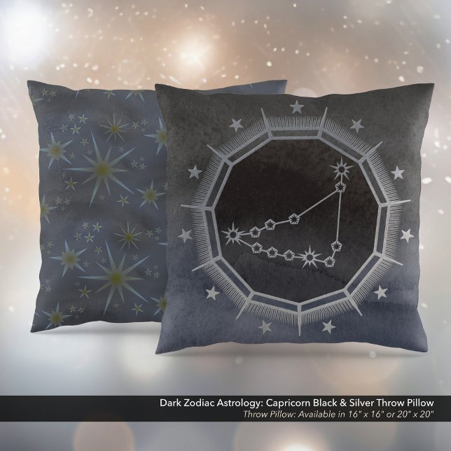 Dark Zodiac Astrology: Capricorn Black & Silver Cushion (Dark Zodiac Astrology: Capricorn Black & Square Silver Throw Pillow)