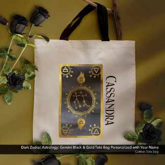 Dark Zodiac Astrology: Gemini Black Gold Name Tote Bag