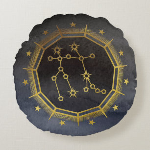 Dark Zodiac Astrology: Gemini Black & Gold Round Cushion