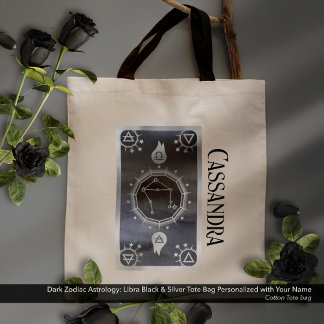 Dark Zodiac Astrology: Libra Black Silver Name Tote Bag