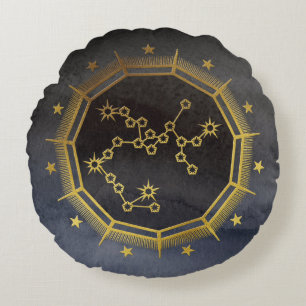Dark Zodiac Astrology: Sagittarius Black & Gold Round Cushion