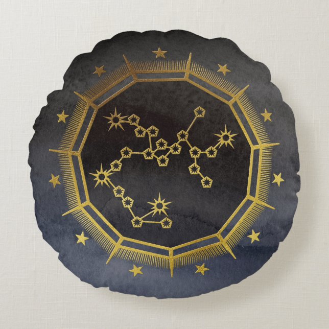 Dark Zodiac Astrology: Sagittarius Black & Gold Round Cushion (Front)