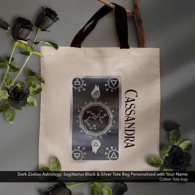 Dark Zodiac Astrology Sagittarius Silver Name Tote Bag (Dark Zodiac Astrology: Sagittarius Black Silver Name Tote Bag)