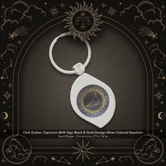 Dark Zodiac: Capricorn Birth Sign Black & Gold Key Ring (Dark Zodiac: Capricorn Birth Sign Black & Gold Design on a Silver-Colored Keychain)