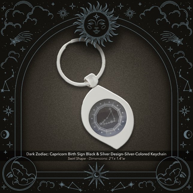Dark Zodiac: Capricorn Birth Sign Black & Silver Key Ring (Dark Zodiac: Capricorn Birth Sign Black & Silver Design on a Silver-Colored Keychain)