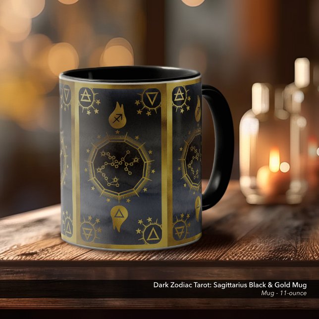 Dark Zodiac Tarot: Sagittarius Black & Gold  Mug (Dark Zodiac, Tarot, and Alchemy Mug: Sagittarius in Black & Gold)