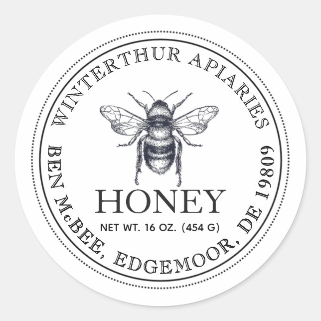 Darker Text Editable White Honey Jar Bee Label (Front)