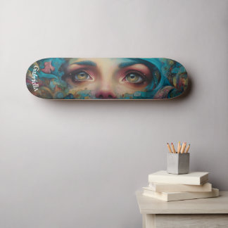 Darkly surreal mermaid face street art airbrush skateboard