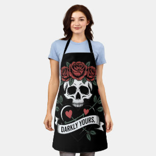Darkly Yours Graphic: Gothic Skull with Red Roses  Apron