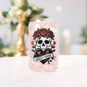 Darkly Yours Graphic: Gothic Skull with Red Roses Can Glass