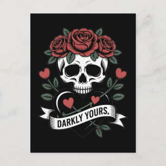 Darkly Yours Graphic: Gothic Skull with Red Roses  Postcard
