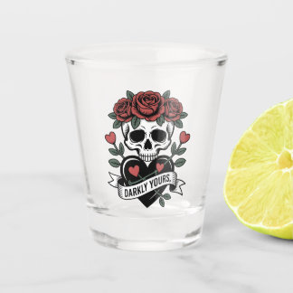 Darkly Yours Graphic: Gothic Skull with Red Roses  Shot Glass