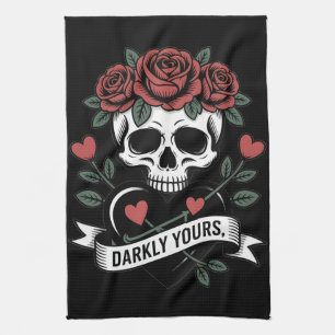 Darkly Yours Graphic: Gothic Skull with Red Roses Tea Towel