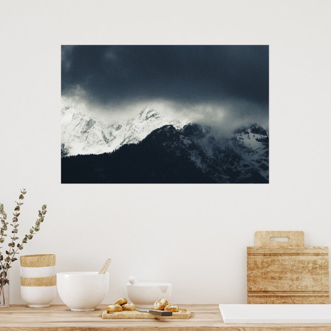 Darkness and light on snow covered mountains poster (Kitchen)