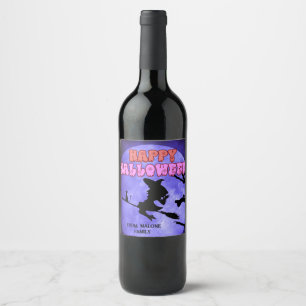 Darknight Halloween party with cute cat withch Wine Label