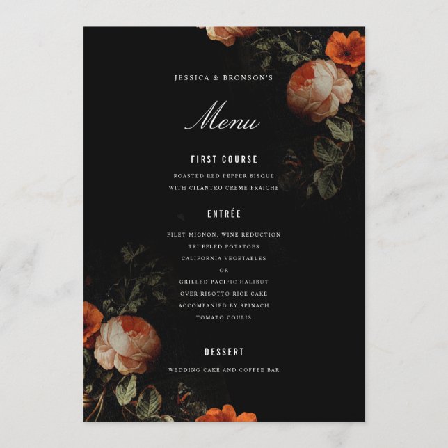 DarkRomantic Floral Dutch Master Painterly Wedding Menu (Front)