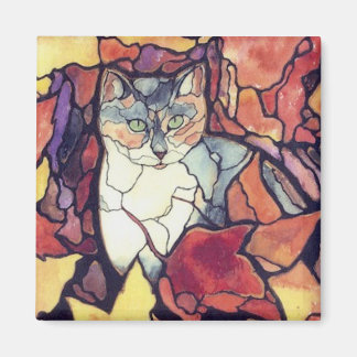 Darling Autumn Leaves Kitty Cat "stained glass" Magnet