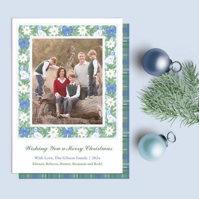 Darling Blue White Pottery Dogs Merry Christmas Holiday Card (Christmas greenery frame with whimsical blue & white Staffordshire dogs, white poinsettia, blue bows)