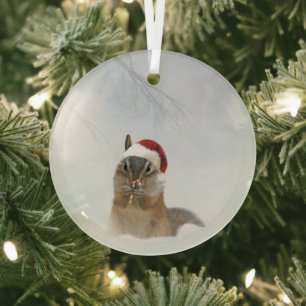 Darling Chipmunk Candy Cane and Santa Hat Glass Tree Decoration