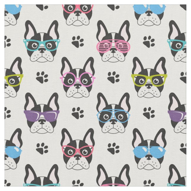 Darling Frenchies with Glasses Fabric (Close Up)