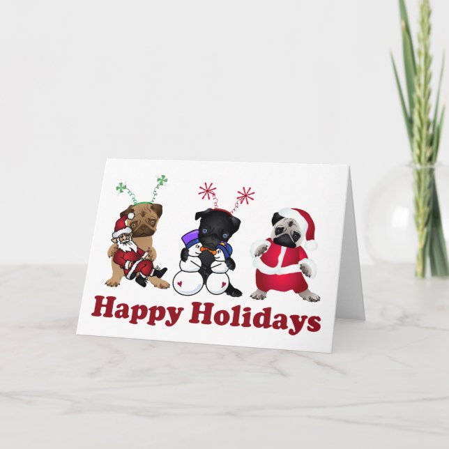 Darling Holiday Pug Celebrating Christmas Card (Front)
