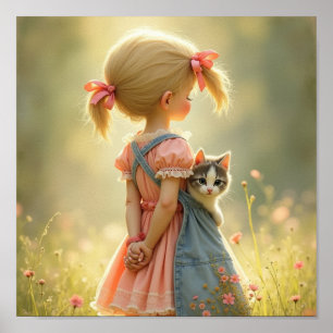 Darling little girl with her kitten poster