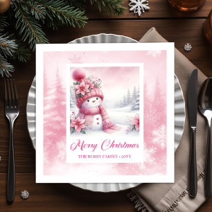 Darling Pink Snowman Winter Scene Christmas Napkin
