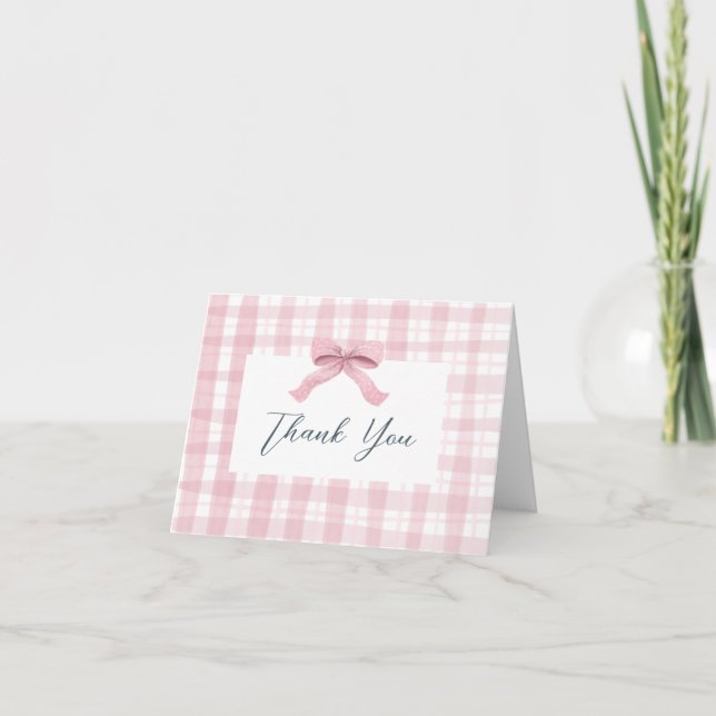 Darling Pink Watercolor Plaid & Bow Baby Thank You Card (Front)