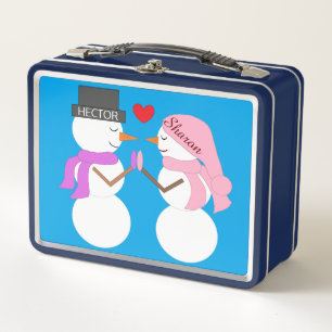 Darling Snowpeople in Love: Blue-green Metal Lunch Box