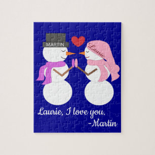 Darling Snowpeople in Love:  Dark Blue Christmas Jigsaw Puzzle